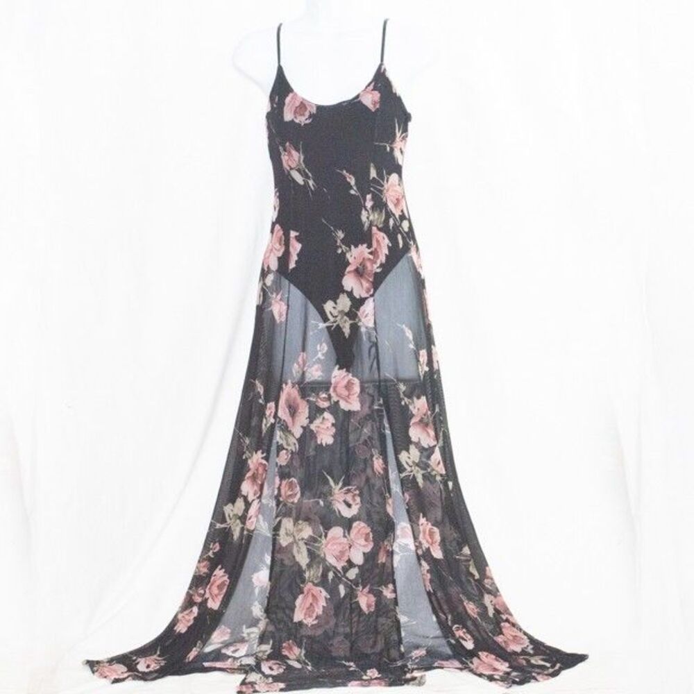 Vgt Charlotte Russe Y2K Mesh Sheer Floral Black Bodysuit Maxi Dress Whimsigoth M